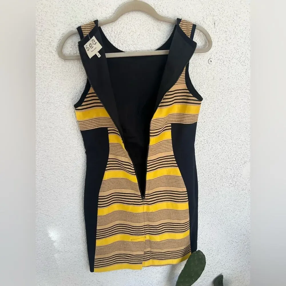 EUC Sea New York Women Black yellow tan striped shift linen dress 4 - Picture 6 of 7